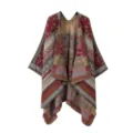 Chale cape tricoté style bohème ethnique rouge et gris avec motif cachemire d'hiver - Châle à petit motif cachemire - Gris rouge