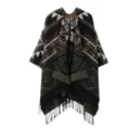 Capa de punto con patrón geométrico étnico retro poncho abierto de mujer con flecos. - Verde Oscuro