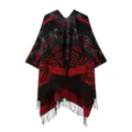 Ethnic geometric print knitted poncho cape with fringe hem for women bohemian winter style detail - Black Red