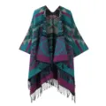 Ethnic geometric pattern fringe poncho women retro warm winter cape shawl outerwear - Teal