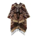 Ethnic style geometric pattern knitted poncho detail showing texture and fringe. - Coffee