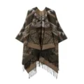 Detailed view of the ethnic geometric patterned knitted poncho with stylish fringes. - Army Green
