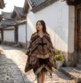 Women's ethnic geometric pattern imitation cashmere tassel poncho shawl cape for travel. - Coffee Bohemian Triangular Pattern Shawl
