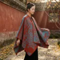 Ethischer Stil Imitat Kaschmir Schal Vintage Rot Blau Offener Umhang Kappe Variante - Modisches Schultertuch - Orange
