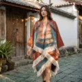 Ethnic style fringe poncho cape for women, cashmere-feel tassel shawl for travel wear and daily outfits. - Orange Ethnic Style Small Pattern Shawl