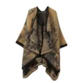 Ethischer langer Strick-Umhang Schal mit Vintage Landschaftsmuster fur Damen Urlaub Reisen - Morgenmantel / Khaki (Jiangnan Szenerie)