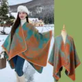 Ethno Stil Damen Schal Vintage Umhang Winter warm Outdoor Reise Foto Kleidung Cape Mode - Jiangnan Landschaft Orangerot