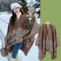 Ethnischer Stil Kaschmir Gefühl warmer geteilter Umhang Schal mit Blumenmuster. - Klassischer Palast-Khaki