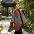 Ethno-Stil geometrischer Druck warmer Wollumhang Schal für Damen Reise Outdoor Mode - Kettenjuwel - Orangerot
