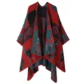 Ethenischer Strick Poncho Schal für Damen, gemütlicher Winter Cape Mantel Oberbekleidung. - Vintage-Artefakt-Muster - Rot