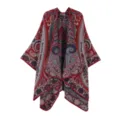 Detailed view of the vintage paisley cashmere-feel women's winter warm open-front cape poncho. - Navy Red