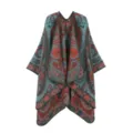 Detailed view of women's vintage paisley print imitation cashmere shawl cape, cozy outerwear. - Lake Green