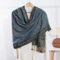 Chal jacquard cachemir azul bufanda con flecos vintage mujer otoño invierno elegante - Verde azulado