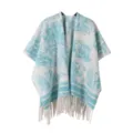 Poncho de flecos con patrón de tinta azul y blanca, capa de punto vintage larga para mujer. - Pintura a la Tinta - Azul Lago