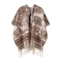 Vintage gestrickter Fransen Umhang Schal braunes abstraktes Muster langer Damen Poncho - Tuschmalerei-Stil (Kamelfarben)