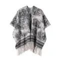 Poncho de mujer con estampado de tinta, capa chal vintage con flecos abierto para viajes. - Pintura a la Tinta - Gris