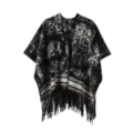 Poncho con flecos y estampado de tinta, elegante capa vintage para mujeres chic. - Pintura a la Tinta - Negro