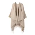 Women's classic solid color tassel split shawl cozy knit cape versatile fashion cardigan outerwear - Off White