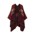 Vue détaillée du poncho fendu effet cachemire style ethnique, cape tissée chaude d'hiver. - Rouge