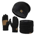 Nahaufnahmedetails des warmen Winter-Fleece-gefuetterten Strickmuetze, Handschuhe und Schal Sets. - Quadratischer Leder-Patch Dreiteiliges Set / Dunkelgrau
