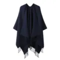 Classic solid color fringe poncho cape for women, cozy imitation cashmere knit cardigan shawl. - Navy Blue
