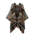 Fashion women geometric open front poncho cape autumn winter warm cozy knit wrap shawl - Bordered Small Triangles - Camel