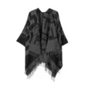Mantella da donna in maglia con motivo geometrico scialle grigio poncho elegante con frange - Nero Carbone