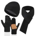 Winter Damen Mütze Schal und Touchscreen Handschuhe Set gefüttert Strick Schwarz - Einfache Beanie Schal Handschuhe Dreiteiliges Set / Holzkohleschwarz