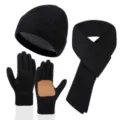 Schwarzes 3-teiliges Winter Strickmütze Schal und Touchscreen Handschuhe Set Damen - Einfache Beanie Schal Handschuhe Dreiteiliges Set / Schwarz
