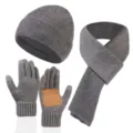 Damen Winter warm gestrickte Mütze Schal und Handschuhe dreiteiliges Set grau gefüttert - Einfache Beanie Schal Handschuhe Dreiteiliges Set / Grau