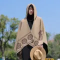 Mens hooded knit poncho vintage ethnic style winter warm cloak stylish outerwear casual shawl - Floral Feather Poncho - Camel