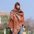 Autumn winter retro ethnic hooded shawl thick warm outdoor travel cloak fashion cape for women - Floral Feather Poncho - Caramel