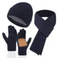 Damen Winter Fleecegefütterte Strickmütze Schal und Touchscreen Handschuhe 3-Teiliges Set - Einfache Beanie Schal Handschuhe Dreiteiliges Set / Marineblau