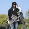 Black hooded poncho cloak, retro ethnic geometric striped warm winter cape with fringes. - Linear Maze Poncho - Black