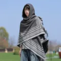 Grey hooded knitted cape retro ethnic style warm winter shawl for women outdoor travel - Linear Maze Poncho - Gray