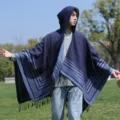 Men winter hooded knitted poncho shawl tribal striped tassel cape blue outdoor fashion - Linear Maze Poncho - Navy Blue