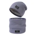 Winter warm knitted beanie and neck warmer set for men, thick fleece lined blue grey hat. - Blue