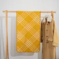 Yellow plaid winter scarf detail, cozy wool shawl, warm fringed edge blanket wrap. - Yellow