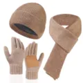Winter Warmer Strickmütze Schal und Touchscreen Handschuhe Set in Braun Farbvariante - Einfache Beanie Schal Handschuhe Dreiteiliges Set / Khaki