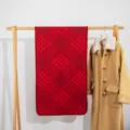 Red plaid scarf detail, classic British style, warm winter accessory, soft fabric texture. - Red