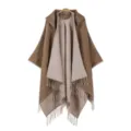 Detailed close-up view of the women autumn winter hooded fringe cashmere poncho cloak. - Coffee