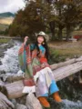 Ethischer geometrischer gestreifter Fransen Schal Umhang fuer Damen Reise Outdoor - Pullover Quasten Poncho / 135*155 cm / Orangerot