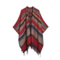 Ethnic striped tassel cape cozy woven shawl bohemian travel outerwear poncho vintage warm - Horizontal Stripes & Small Flowers Triangular Knit - Red