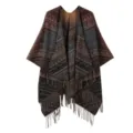 Ethenischer Strick Poncho Schal mit Fransen, retro geometrisches Muster warmer Umhang Damen. - Bunte Robe / Schwarz