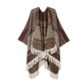 Damen Ethno Stil Strick Poncho Fransen Winter warmer Umhang Schal Reise Cape Damen - Horizontal Gestreifter Schlitzfransen Poncho / Kaffeebraun