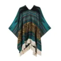 Ethnischer Fransen Poncho Umhang Damen Jacquard gestreifter Schal warme ethnische Jacke - Ethnischer Pullover Quasten Poncho / Blaugrün