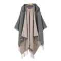 Detailed view of women autumn winter hooded reversible tassel cashmere feel cape shawl poncho - Gray