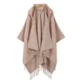 Stylish women solid color hooded tassel imitation cashmere shawl warm cape outerwear - Light Pink