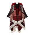 Damen ethnischer Stil Strick Poncho Fransen Stammes Umhang Winter warme Reise Schal - Horizontal Gestreifter Schlitzfransen Poncho / Burgunderrot