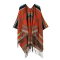 Etnischer Strick Poncho Cape mit Fransen, Retro geometrisches Muster Tuch Damen Urlaub. - Buntes Dreieck Orangerot